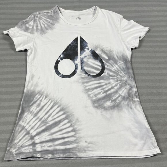 Moose Knuckles Shirt Womens Small White Tie Dye Logo Crew Neck 100% Cotton Tee - Picture 1 of 7